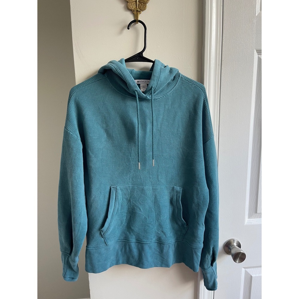 Athleta Balance Waffle Hoodie Teal Blue Green Textured Pullover Thumbholes Med